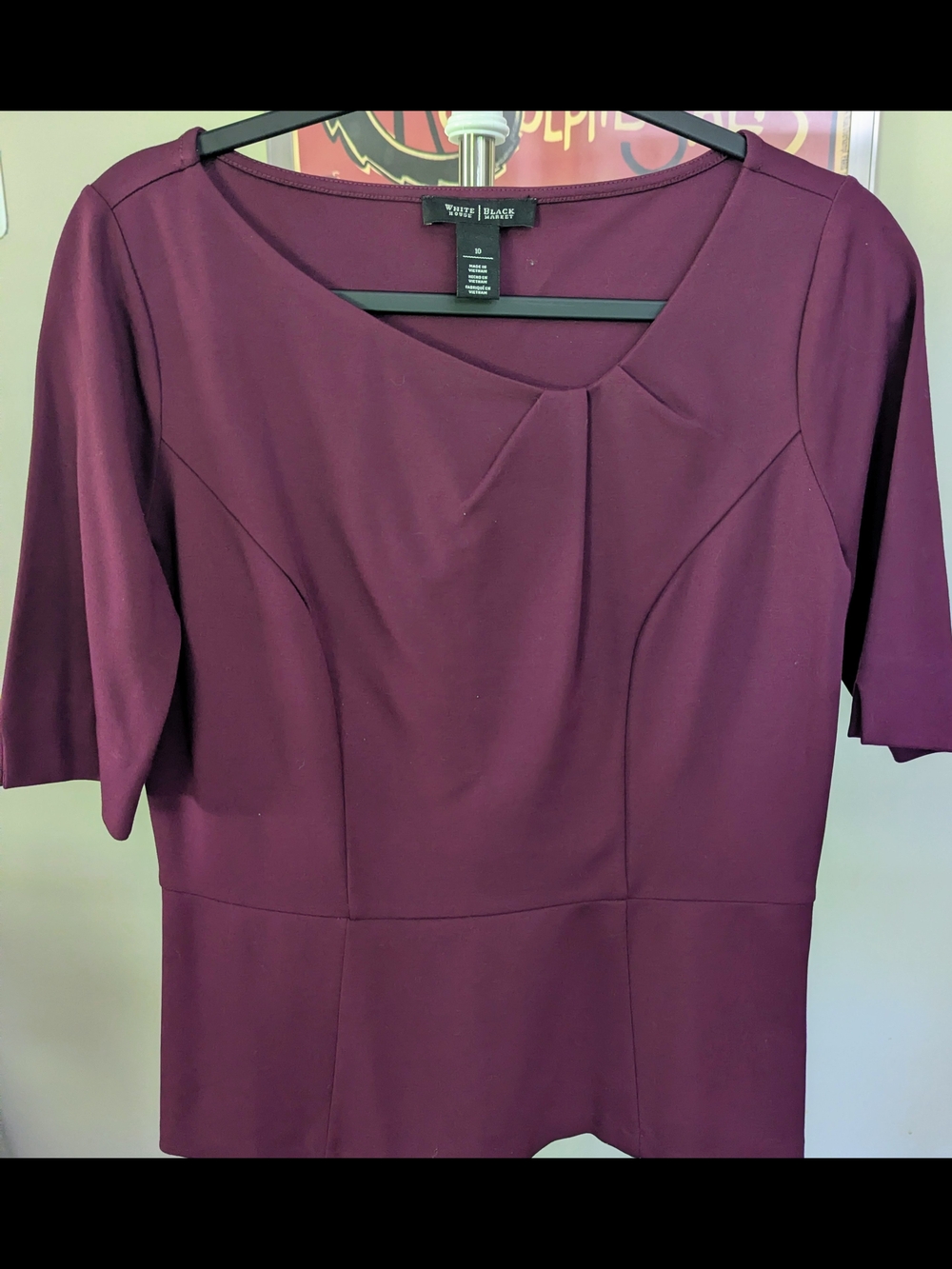 White House Black Market Plum Short Sleeve Asymmetric Neck Top